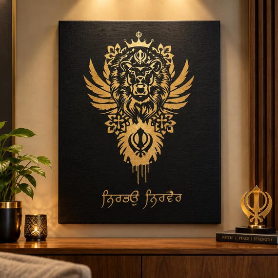 Handmade Sikh Khanda Lion Canvas Wall Art | Punjabi Foil Art Home Decor | Nirbhau Nirvair Sikh Gift