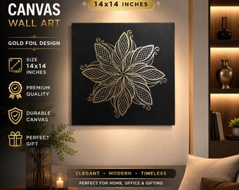 Canvas wanddecoratie met gouden folie en veren, 14x14 cm, moderne Indiase woondecoratie, ingelijste metalen wandhanger, luxe cadeau voor een housewarming.
