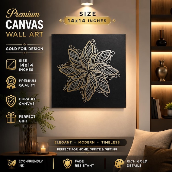 Gold Foil Feather Canvas Wall Art, 14x14 Modern Indian Home Decor, Framed Metallic Wall Hanging, Luxury Housewarming Gift
