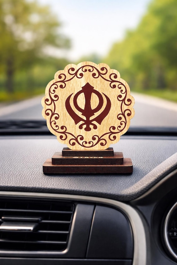 Wooden Khanda Car Dashboard Idol, Sikh Decor (7.5x6.5 cm)