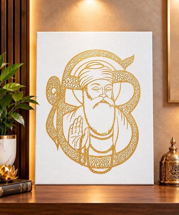 Guru Nanak Dev Ji Foil Art Canvas | Premium Sikh Wall Decor | Ek Onkar Artwork | Large Spiritual Statement Piece | Framed Canvas Gift