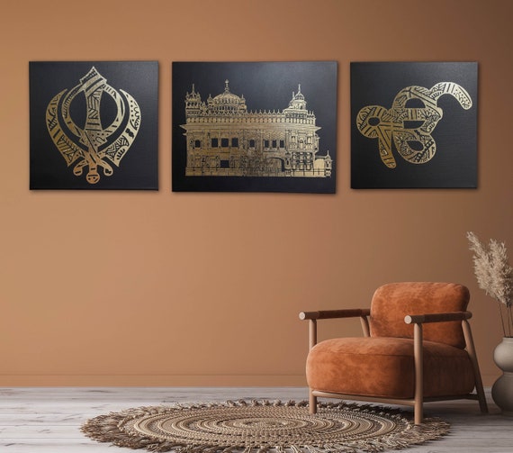 Siri Darbar Sahib, Khanda, Ek Onkar Mandala, Set of three, The Golden Temple, Sikh Home Decor, Punjabi Gift items, Sikh Items,