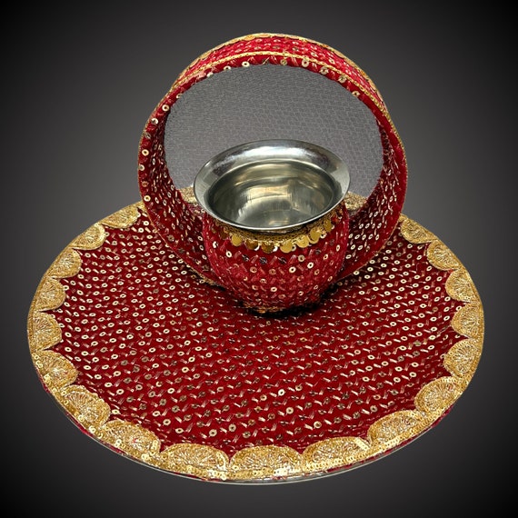 Karva Chauth Thali Set, Pooja thali Items, Decorative Thali Set with Kalash and shallni, Karwa Chauth Decoration Special, Hindu