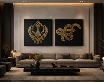 Handgemaakt Khanda Ek Onkar foliekunstcanvas - Luxe Sikh wanddecoratie - Premium Punjabi spiritueel kunstwerk & Khalsa wooncadeau