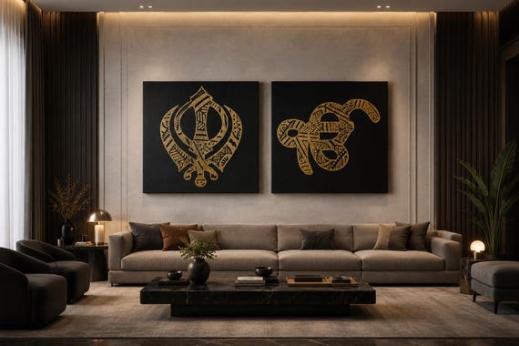 Handmade Khanda Ek Onkar Foil Art Canvas | Luxury Sikh Wall Decor | Premium Punjabi Spiritual Wall Art | Khalsa Home Decor