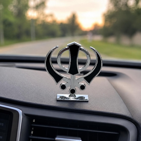 Metal Khanda Car Dashboard Accessory, Sikh Sacred Symbol Statue, Punjabi Car Decor, Spiritual Sikh Gift Item, Religious Car Hanging Stand