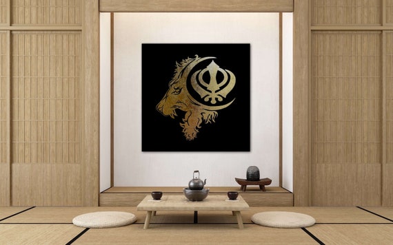 Hand Made Khanda with Lion | Sher Foil Art on Canvas | Sikh Art | Punjabi Art Wall Hanging | Home Decor | Punjabi Gift Items | Sikh Items |