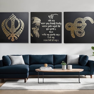 Guru Nanak Dev Ji, Mool Mantar, Khanda, Ek Onkar Mandala, Dreierset, Sikh Wandkunst, Sikh Home Decor, Punjabi Geschenkartikel, Sikh Artikel,