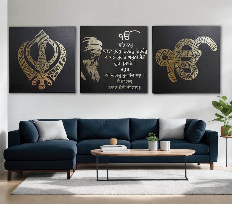 Close up detail of luxury real gold foil texture on black canvas Sikh religious wall decor