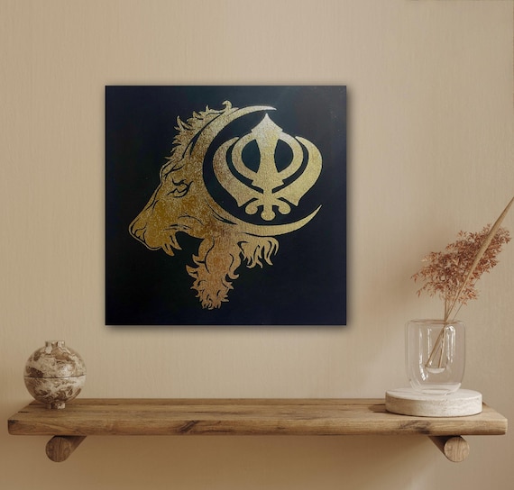 Sikh Khanda with Lion | Sher Foil Art on Canvas | Hand Made Sikh Art | Punjabi Art Wall Hanging | Home Decor | Sikh Gift Items