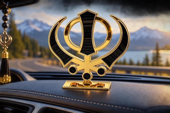 Metal Khanda Car Dashboard Accessory, Sikh Sacred Symbol Statue, Punjabi Car Decor, Spiritual Sikh Gift Item, Religious Car Hanging Stand