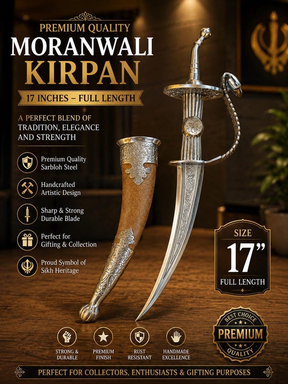 17 Inch Pure Sarbloh Moranwali Kirpan with Leather Sheath | Traditional Sikh Shastar Kakkar | Handmade Ceremonial Sikh Sword Gift