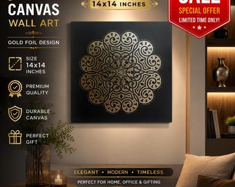 Muurdecoratie met gouden folie en veren, metallic canvasprint 14x14 cm, moderne Indiase woondecoratie, luxe ingelijste wanddecoratie voor de woonkamer, cadeau voor een housewarming