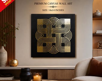 Canvas wanddecoratie met gouden folie en veren, moderne Indiase woondecoratie, 14x14 cm print met metallic lijst, luxe wanddecoratie voor de woonkamer, housewarming cadeau