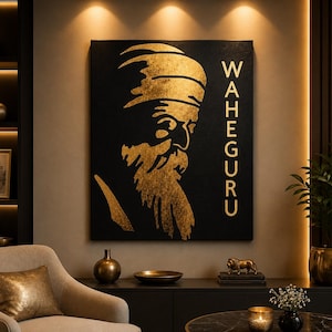Handgjord Guru Nanan Dev Ji foliekonst på canvas | Lyxig sikhisk väggdekoration | Premium andlig väggkonst | Punjabi religiös heminredning