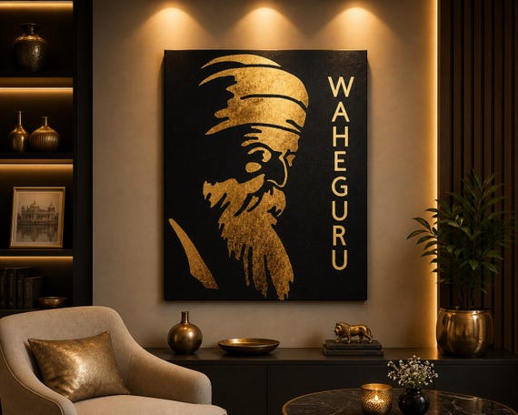 Handmade Guru Nanak Dev Ji Foil Art Canvas | Luxury Sikh Wall Decor | Premium Spiritual Wall Art | Punjabi Religious Home Decor