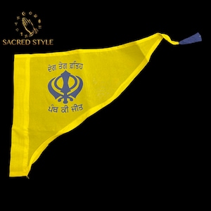May include: Yellow triangular flag with blue trim and text. The flag features a blue symbol and text in a stylized font. The flag is made of a sheer fabric and has a blue and yellow tassel at the end. The words "SACRED STYLE" are in the upper left corner.