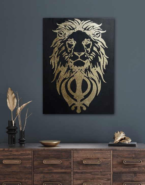 Handmade Khanda Foil Art, Sikh Lion Home Decor