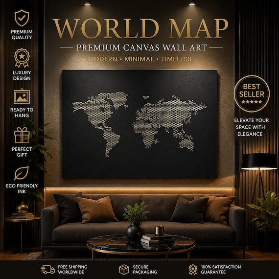 Gold Foil World Map Canvas Wall Art, Large Framed Map Decor, Luxury Living Room Wall Hanging, Travel Lover Gift, Textured Modern Artwork