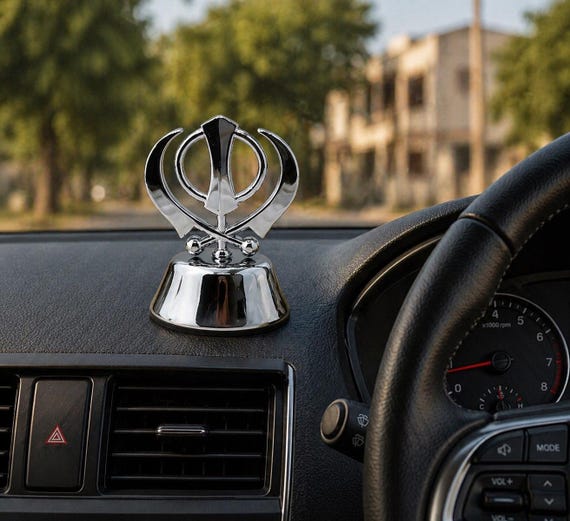 Metal Khanda & Ek Onkar Car Dashboard Idol - Sikh Tabletop Statue for Truck Decor - Punjabi Religious Home Accent, Spiritual Gift