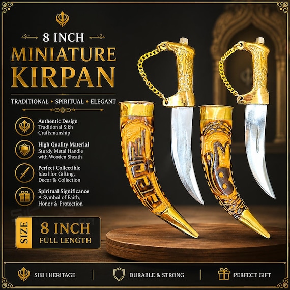8 Inch Sarbloh Sikh Kirpan with Wooden Case & Brass Handle | Traditional Punjabi Sikh Kakkar Siri Sahib | Sacred Sikh Gift Items