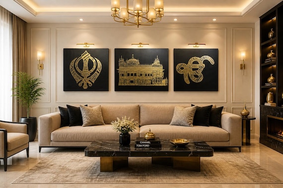 Handmade Siri Darbar Sahib Khanda Ek Onkar Foil Art | Luxury Sikh Wall Decor | Heirloom Punjabi Spiritual Canvas Artwork