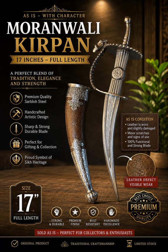 DAMAGED 17 Inch Pure Sarbloh Moranwali Kirpan with Leather Sheath | Traditional Sikh Shastar Kakkar | Handmade Ceremonial Sikh Sword Gift