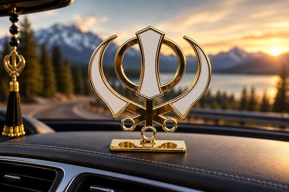 Metal Khanda Car Dashboard Accessory, Sikh Sacred Symbol Statue, Punjabi Car Decor, Spiritual Sikh Gift Item, Religious Car Hanging Stand