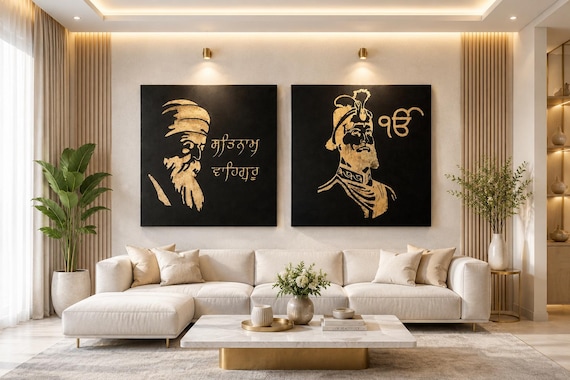 Handmade Sikh Gurus Foil Art Canvas | Luxury Sikh Wall Decor | Premium Punjabi Spiritual Artwork | Heirloom Sikh Home Decor