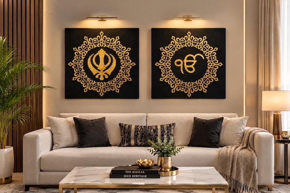 Handmade Khanda & Ik Onkar Foil Art Set of 2 | Sikh Canvas Wall Decor | Punjabi Housewarming Sikh Gift