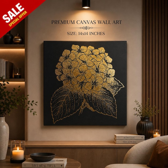 Handmade Gold Foil Wall Art, Metallic Indian Feather Canvas 14x14, Modern Living Room Decor, Luxury Canvas Print, Framed Artwork Gift