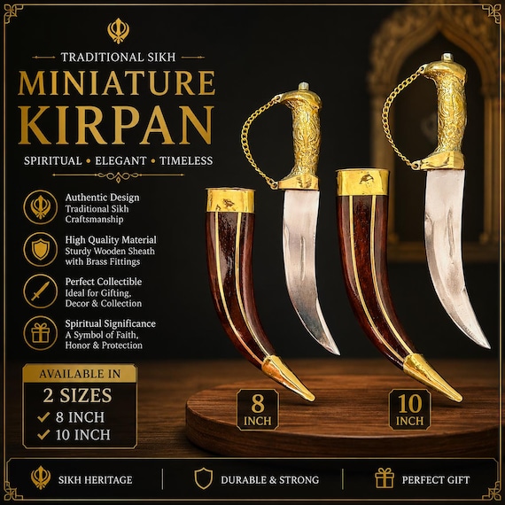 Handcrafted Sarbloh Sikh Kirpan with Wooden Case & Brass Handle | Traditional Kukri Style Punjabi Siri Sahib | Sacred Sikh Kakkar Gift Items