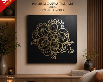 Muurdecoratie met gouden folie en veren, moderne Indiase woondecoratie, metallic canvasprint 14x14 cm, luxe ingelijste wanddecoratie voor de woonkamer, cadeau voor een housewarming