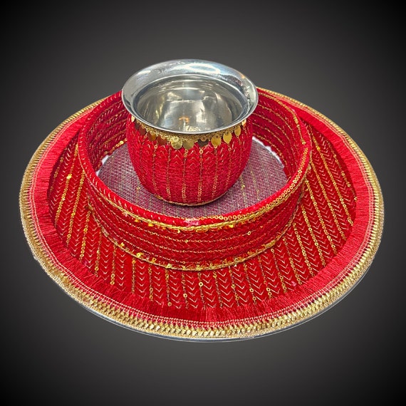 Karva Chauth Thali Set, Pooja thali Items, Decorative Thali Set with Kalash and shallni, Karwa Chauth Decoration Special, Hindu