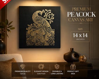 Handgemaakt canvas kunstwerk met gouden folie en een pauw (14x14 inch), wanddecoratie met Indiase veren, moderne metallic print voor de woonkamer, ingelijst dierenkunstwerk als cadeau.
