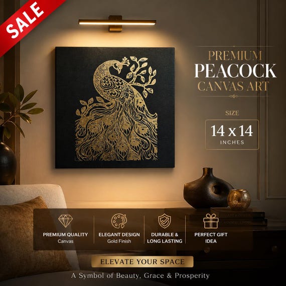 Handmade Gold Foil Peacock Canvas Art 14x14, Indian Feather Wall Decor, Modern Metallic Living Room Print, Framed Animal Artwork Gift