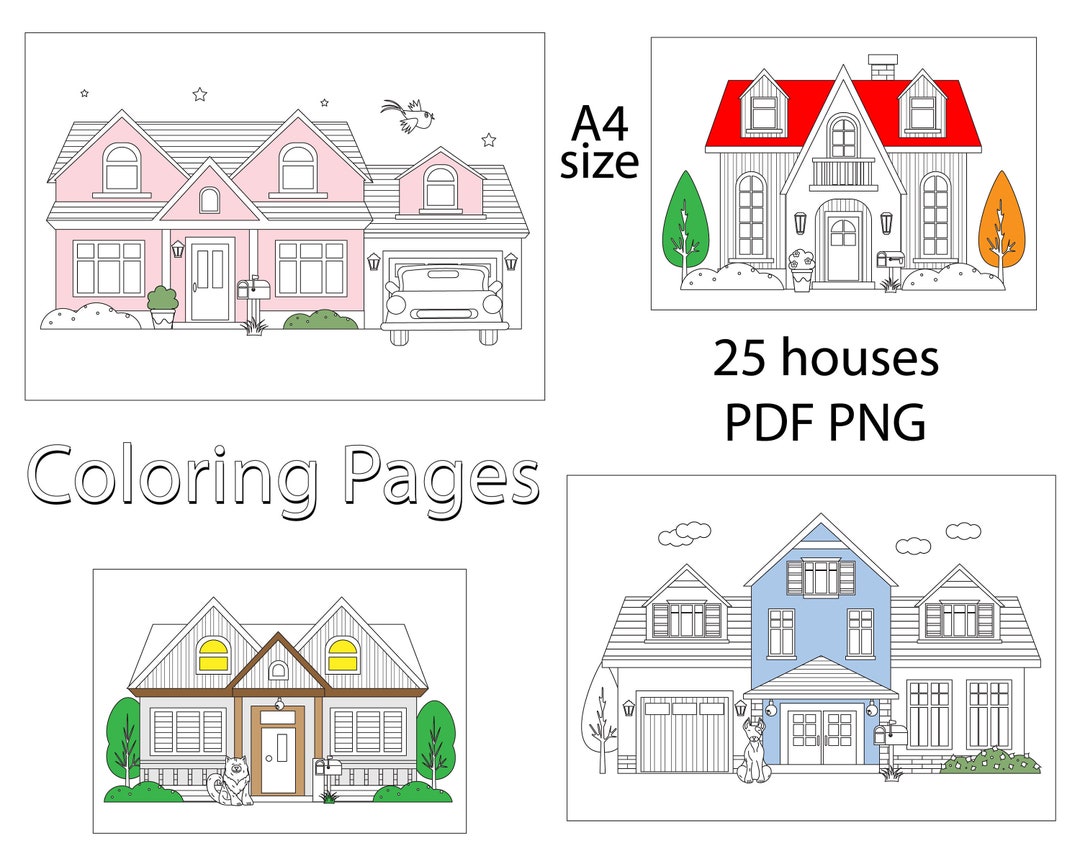 Houses Coloring Pages, PDF Home Exteriors, PNG Digital Printable ...
