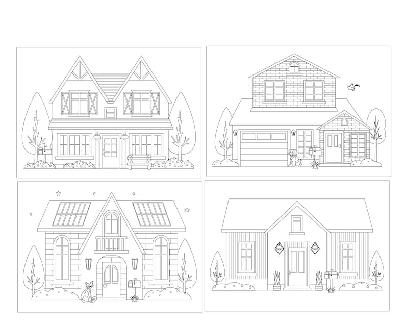 Houses Coloring Pages, PDF Home Exteriors, PNG Digital Printable