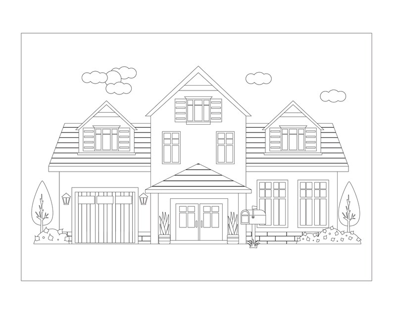 Houses Coloring Pages, PDF Home Exteriors, PNG Digital Printable ...