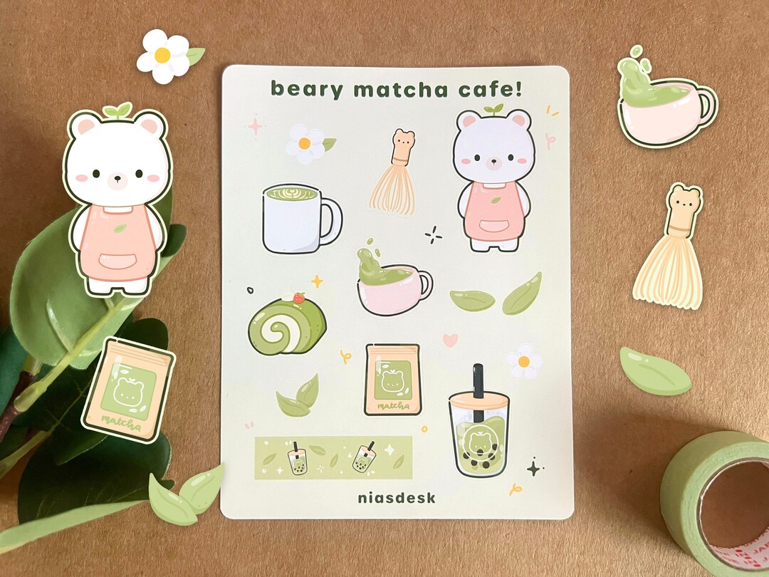 Beary Matcha Cafe Stickersheet | Cute Sticker Sheet | Matcha Stickers ...