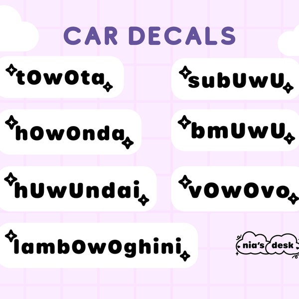 Car Vinyl Decal Stickers: tOwOta, subUwu, & hOwOnda, Car Enthusiast Gifts, Permanent Vinyl Decals