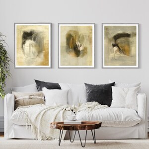 Set artistico ad anello neutro ad albero da 3 pezzi. Espressionismo astratto Legno Corteccia Art Stampa. Organic Neutral Modern Art Print.Tree Heartwood. Metà del secolo