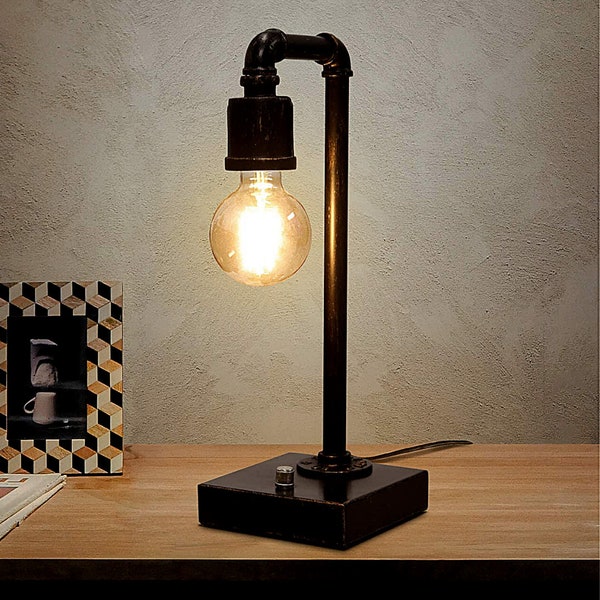 Industrial Dimmable Steampunk Table Lamp, Vintage Metal Pipe Desk Reading Lamp With USB Charging Port