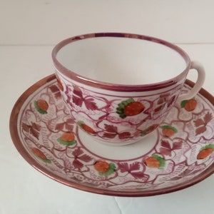 Strawberry Vintage Teacup and Saucer metallic pink unique