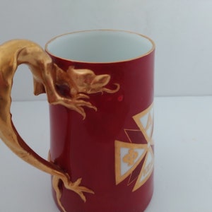 Antique rare find Favorite Bavaria  Porcelain Tankard Mug Gilt  gold Dragon Hand ruby red KEA