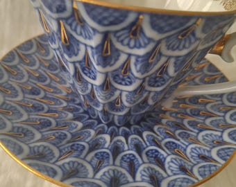 Vintage USSR LFZ Lomonosov tea cup and saucer Imperial blue white gold