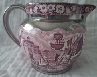 Antique Wedgwood  Ferrara  Mulberry  creamer Pitcher pink silver white  boats dock