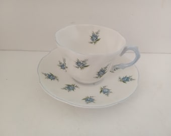 Rosina Bone China Made in England, Vintage blue  flowers teacup and saucer
