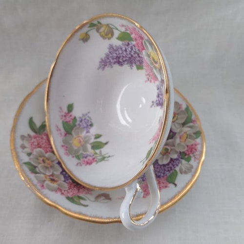Vintage Taylor and shops Kent bone china flowers gold trim 1950s tea cup and saucer