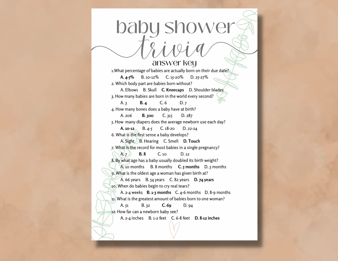 Baby Shower Trivia Game Nature Baby Shower, Minimalist Baby Shower